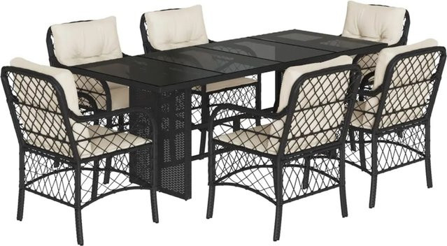 vidaXL 7-teilige Garten-Essgruppe aus Poly Rattan in Schwarz mit Kissen und Hartglasplatte - Bild 1