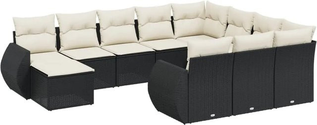 vidaXL 11-teilige Garten-Sofagarnitur in U-Form aus Polyrattan und Akazienholz mit Kissen in Schwarz-Creme - Bild 1