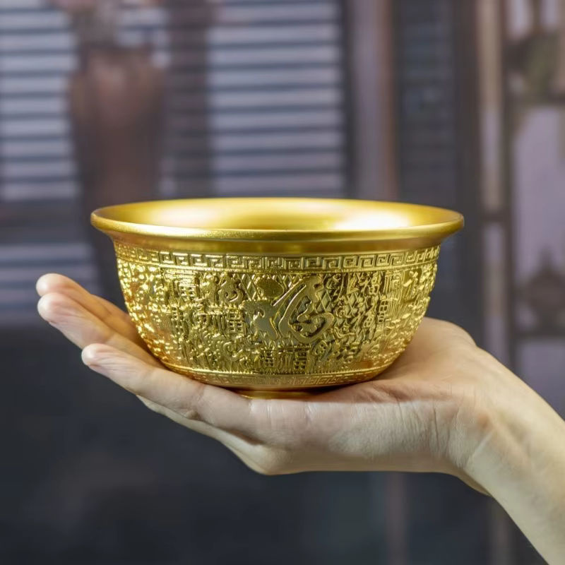 Dekorative orientalische Schale aus Messing und Kupfer in Gold, rund und geometrisch gestaltet - Bild 3