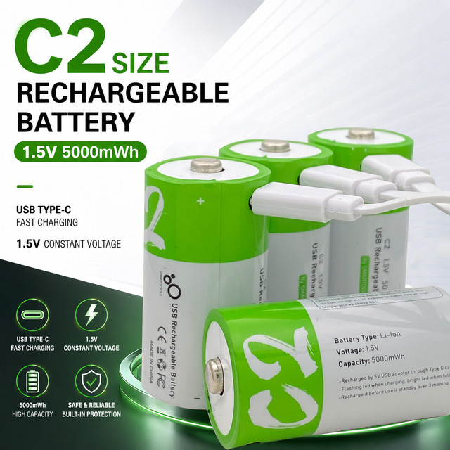 Wiederaufladbare Lithium-Ionen-Batterie LR14 C-Zelle mit USB-C Ladefunktion, 1,5V 5000mWh, Grün - Bild 1