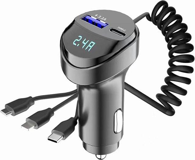 2-Port-USB-Schnellladegerät mit 3,1 A Ausgang, Spannungsanzeige und 3-in-1 einziehbarem Kabel für Fahrzeuge in Schwarz - Bild 1