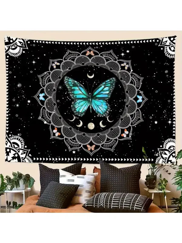 VIKAMA Schmetterlings Wandteppich in Schwarz-Weiß-Blau, dekorativer Bohemian Wandbehang mit Schmetterlings-Motiv für Wohnzimmer und Schlafzimmer - Bild 4