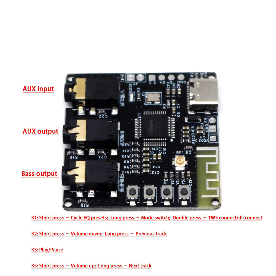 DykbRadio Bluetooth 5.3 DSP Tuning Board BP1048b1 Sound Card mit EQ40 TWS DIY Audio AUX Stereo Preamp und USB-C Anschluss in Schwarz - Bild 2