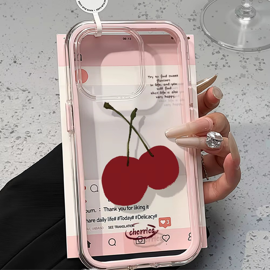 Stoßfeste Handyhülle mit süßem Kirsch-Design für Apple iPhone 11 bis iPhone 17 Pro Max in Pink und Transparent - Bild 2