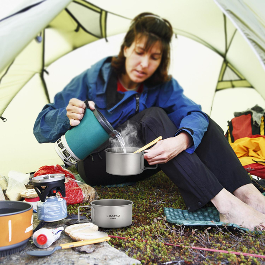 Lixada Titanschüssel mit klappbaren Griffen in Silber, 450 ml Lebensmittelbehälter für Outdoor, Camping und Wandern - Bild 4