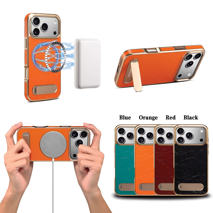 Denior Leder Handyhülle mit magnetischer kabelloser Ladung und versteckter Halterung für iPhone 17 16 15 14 13 Pro Max Plus Air in Blau - Bild 6