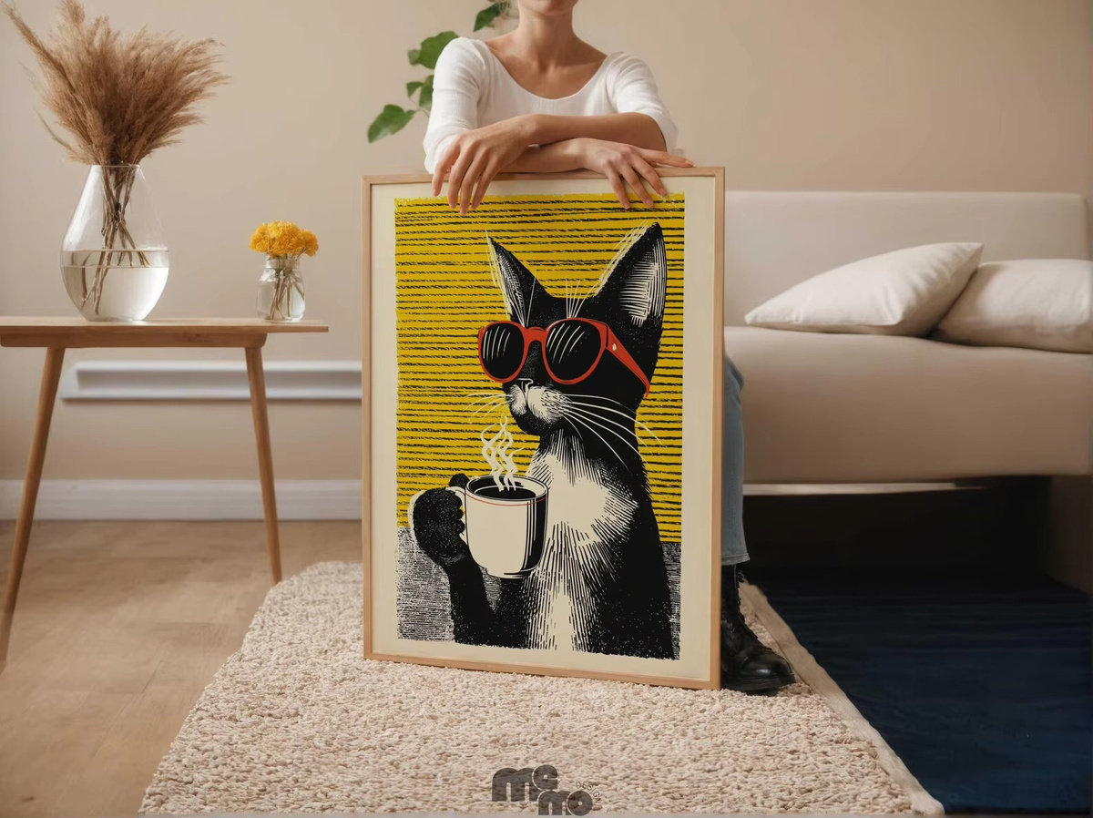 Vintage Pop-Art Poster von SHENCHEN mit lustiger Katze in roter Sonnenbrille, Wandkunst aus mattem Papier in Multicolor - Bild 4