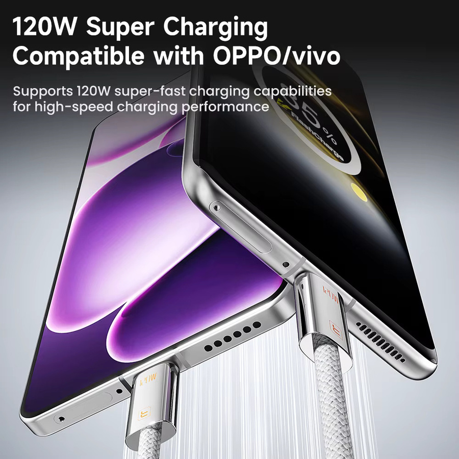 Toocki USB-C-Datenkabel 120 W in Weiß für schnelles Laden von OPPO Supervooc 2.0, Vivo Super FlashCharge, Xiaomi und Samsung - Bild 2