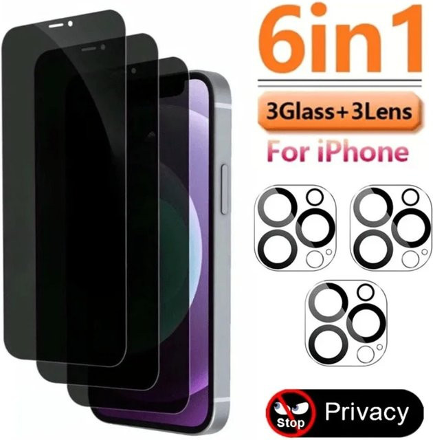 3er Set Sichtschutzfolie für iPhone 16 15 14 13 12 11 Pro Max und Air mit 3 Kameraobjektiv-Schutzfolien in Transparent - Bild 1