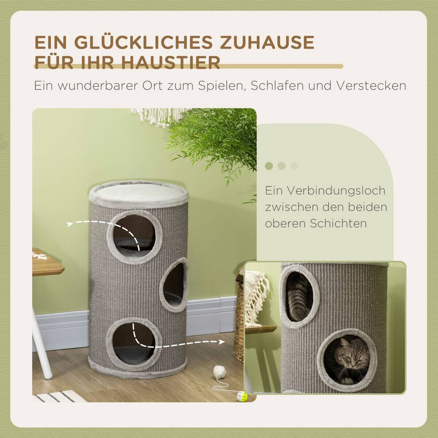 PawHut Kratztonne für Katzen mit 3 Höhlen aus Sisal und Plüsch, Grau, B/T/H: 38 x 38 x 70 cm - Bild 4