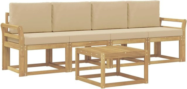 vidaXL Outdoor-Sofagarnitur 5-tlg. aus Akazienholz mit Kissen in Weiß und Beige - Bild 1