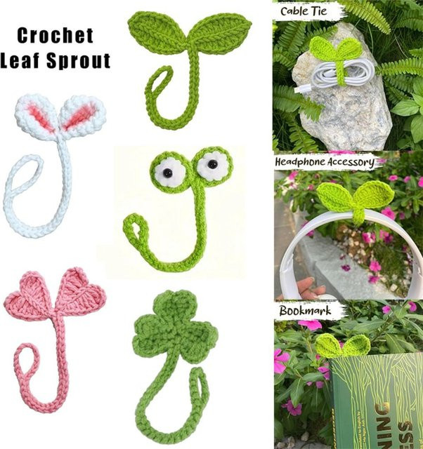 Handgestricktes Häkelblatt-Lesezeichen mit Knospen in Grün als dekoratives Accessoire - Bild 1
