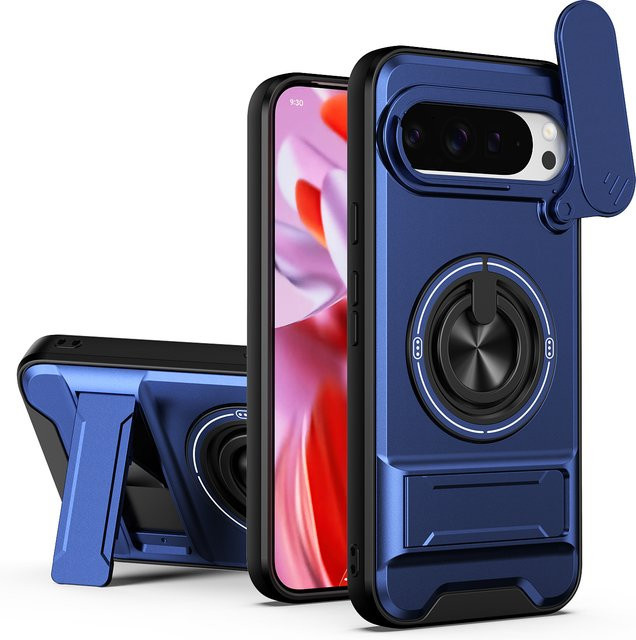 Stoßfeste Schutzhülle für Google Pixel 10 Pro XL 9 8 7 6 Pro mit drehbarer Schiebe-Kameraabdeckung und Ringständer in Schwarz und Blau - Bild 1