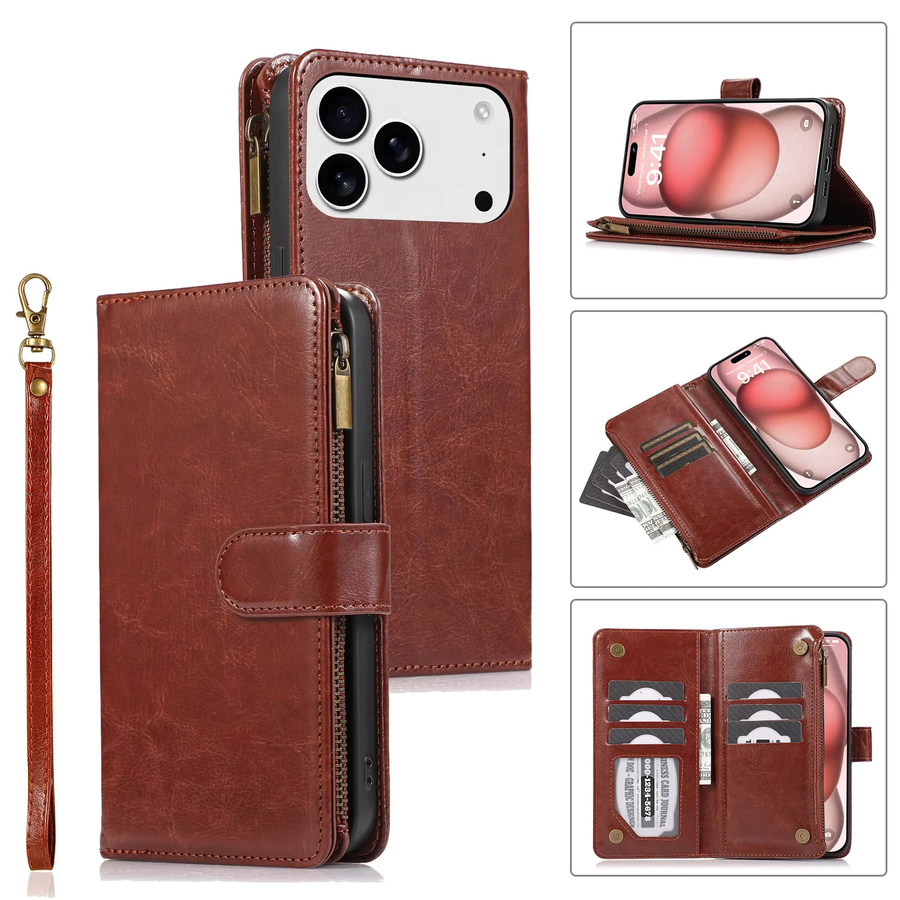 szHAIyu Ledertasche mit Reißverschluss und Kartensteckplatz als Brieftasche für iPhone 11 bis iPhone 17 Air in Grün oder Braun - Bild 1