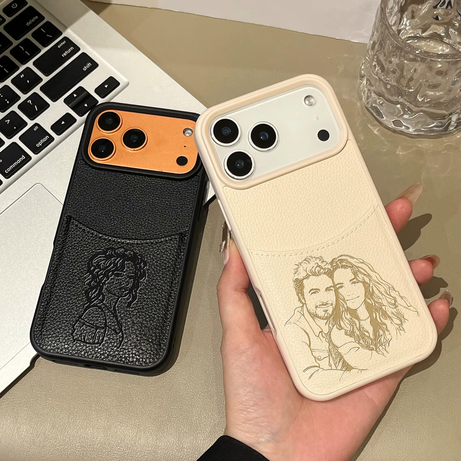 Personalisierbare Kunstleder-Hülle mit Foto-Skizzen-Linien für iPhone 12 bis iPhone 17 Pro Max Plus Air in Schwarz oder Weiß - Bild 2
