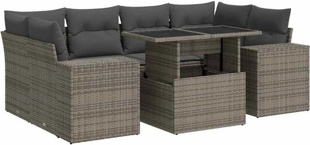 vidaXL 7-teilige Garten-Sofagarnitur in L-Form aus Polyrattan in Grau mit Kissen und Armlehnen - Bild 1