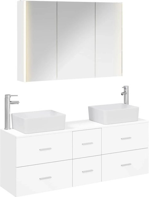 vidaXL Badezimmermöbel-Set 4-teilig in Weiß, modern mit Glasfronten, LED-Beleuchtung und Spiegelschrank - Bild 1