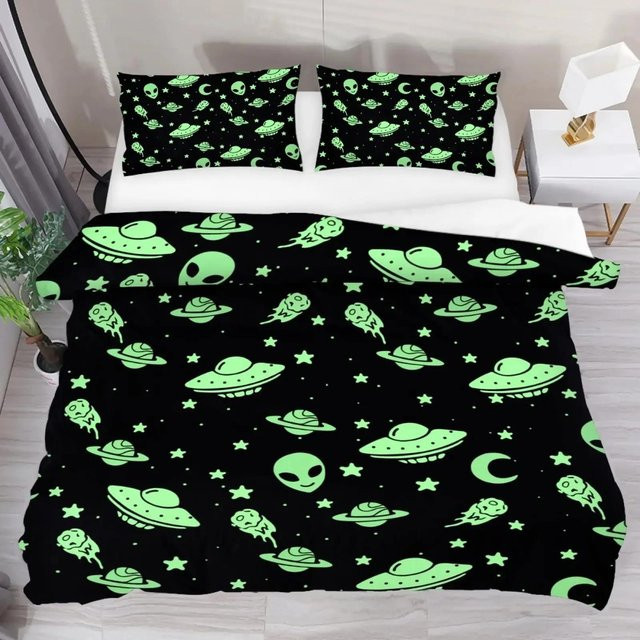 Bettwäsche Set Lodestar Psychedelisches Alien Design in Bunt, Queen Size mit Aquarell Weltraum und Alien Schädel, Material Mikrofaser, B/H: 140 x 210 cm - Bild 1