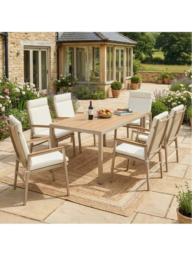 PINGGO Garten-Essgruppe für 6 Personen mit Tisch und Stühlen aus verzinktem Eisen und Kunststoff-Holz-Tischplatte in Khaki und Beige - Bild 3
