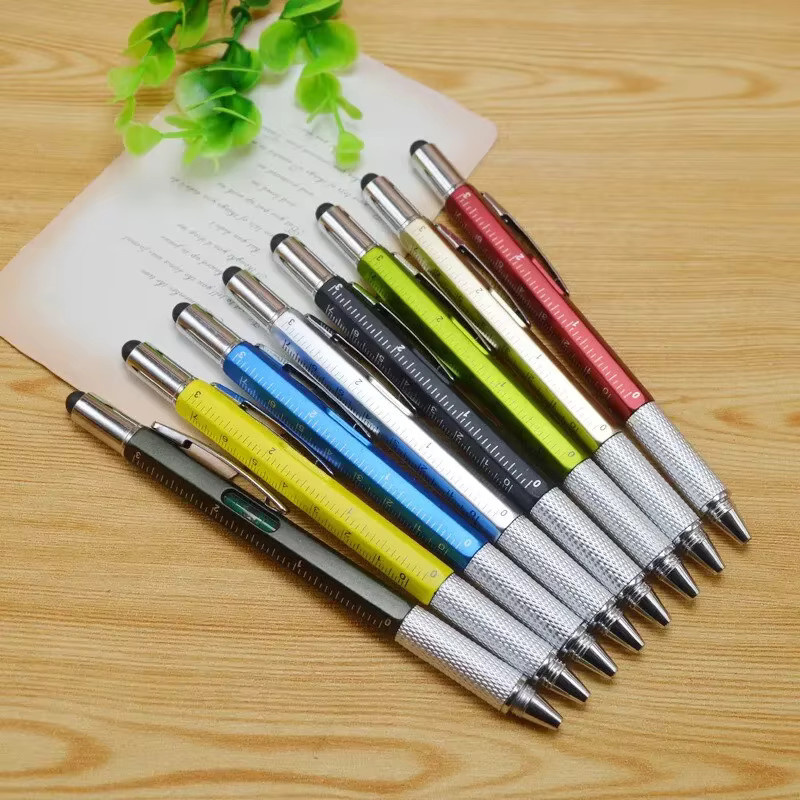 7-in-1 Multifunktions-Kugelschreiber aus Metall mit Lineal, Stylus, Schraubendreher und Wasserwaage in Schwarz und Multicolour - Bild 4
