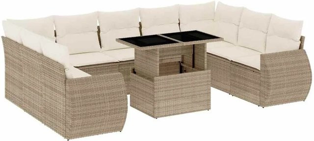 vidaXL 10-tlg. Garten-Sofagarnitur in L-Form aus Poly-Rattan mit Kissen in Beige-Creme - Bild 1
