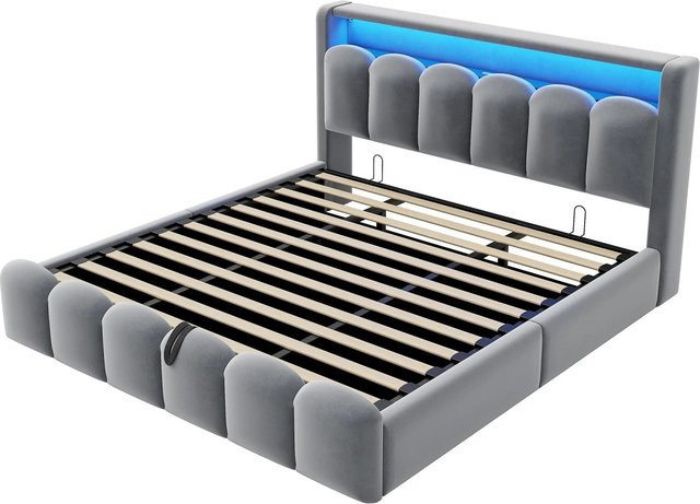 okwish Doppelbett mit LED, USB-Anschluss und Hydraulik-Stauraum in Grau, B/T/H: 180 x 200 x 40 cm - Bild 1