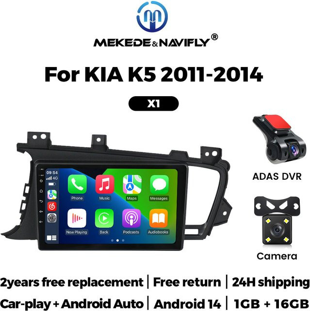 NaviTree Android 14 Autoradio mit DVR Recorder, Rückfahrkamera und Wireless CarPlay sowie Bluetooth für KIA Optima K5 2011-2014 in Schwarz - Bild 1