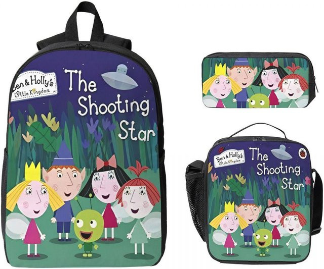 Fancy Style Studio Ben und Holly Cartoon Schulranzen Set für Kinder mit Rucksack, Brotdose und Federmäppchen in Schwarz und Multicolour - Bild 1