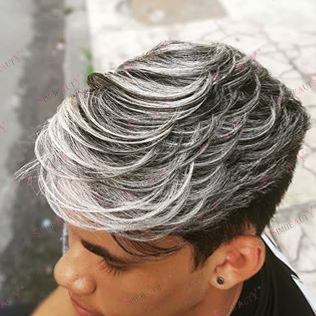 simbeauty Herren-Toupet Echthaar, Grau Silber Schwarz, Voll-PU-Basis - Bild 1