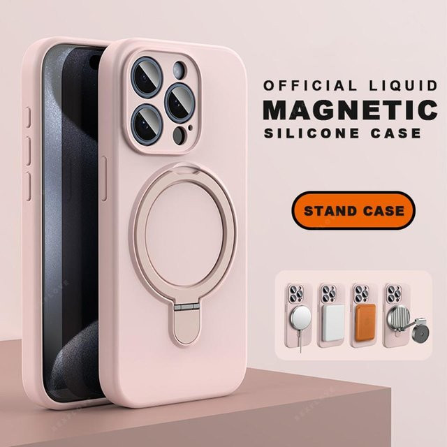 BEXFLOVE Magnetische Flüssigsilikon Handyhülle mit Ringhalter für iPhone 11 12 13 14 15 16 Pro Max Plus in Pink - Bild 1