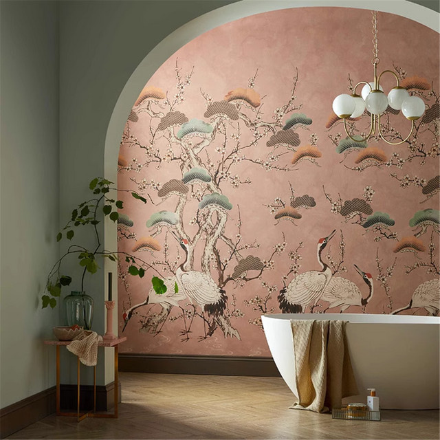 Elegante Wandtapete mit Pflaumenblüten, Vögeln, Kiefern und Kranichen im orientalischen 3D-Design zur Raumdekoration - Bild 1