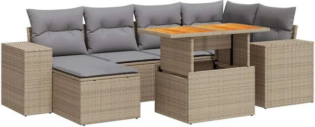 vidaXL 7-tlg Garten-Sofagarnitur in L-Form aus Polyrattan und Akazienholz mit Kissen in Beige - Bild 1