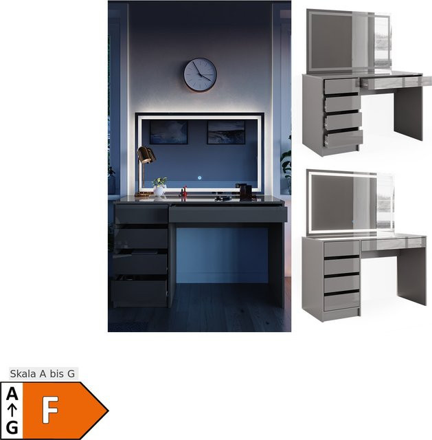 Vicco Schminktisch in Sherry Grau mit LED-Spiegel und Hochglanz-Finish, B/T/H: 120 x 75 x 75 cm - Bild 1