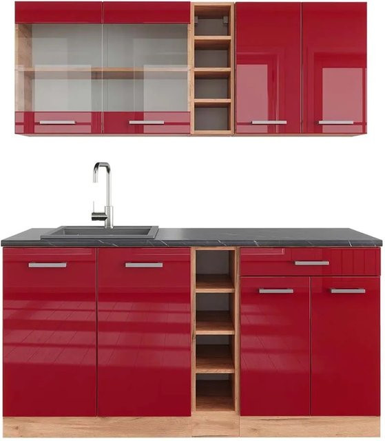 Vicco R-Line Singleküche Bordeaux Hochglanz und Goldkraft Eiche mit Anthrazit, Breite: 160 cm - Bild 1