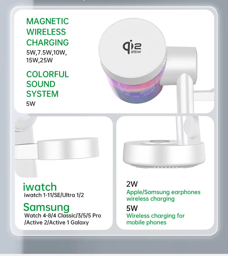 VIKEFON Qi2 25W Magnetisches kabelloses Schnellladegerät mit Bluetooth-Lautsprecher in Weiß für iPhone, Apple und Samsung Galaxy Watch sowie AirPods - Bild 5