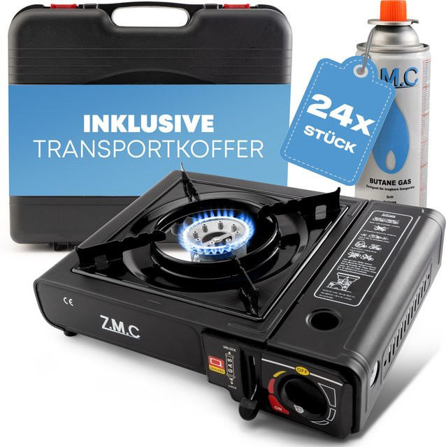 ZMC 1-flammiger Campinggaskocher in Schwarz mit 24 Butan Gaskartuschen à 227g, LPG-Adapter und Aufbewahrungskoffer, 2,2 kW mit Piezozündung für Outdoor und Innenraum - Bild 1