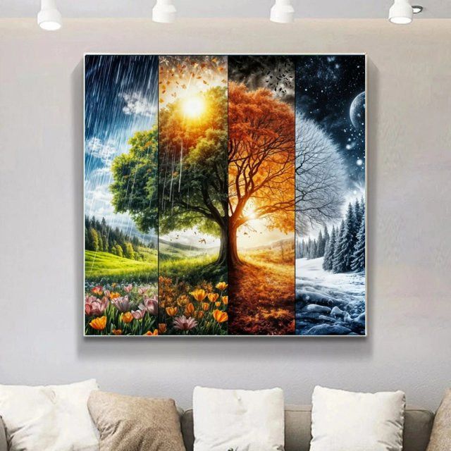 Potdemiel 5D DIY Diamantmalerei Set Vier Jahreszeiten Wald Landschaft mit bunten runden Diamanten als Mosaik Handwerk Kit - Bild 1