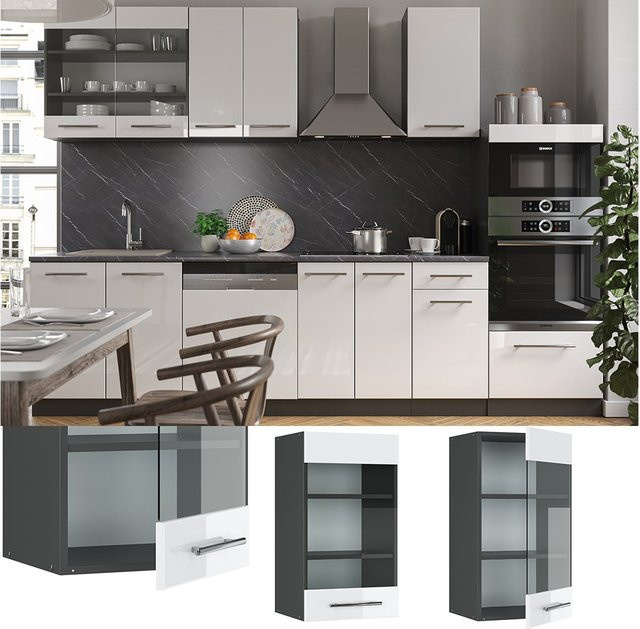 Vicco Küchen-Hängeglasschrank Fame-Line mit Soft-Close-Türen, Weiß Hochglanz/Anthrazit, Breite: 40 cm - Bild 1