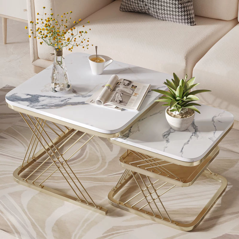 Rosahqnda 2er-Set Couchtisch mit Marmoroptik und Eisenrahmen in Schwarz-Gold - Bild 2