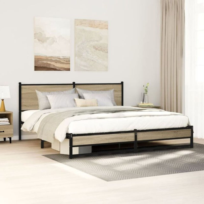 Metallbett Vidaxl in Sonoma-Eiche Natur und Braun im Industrial-Stil, B/T/H: 160 x 200 cm - Bild 1