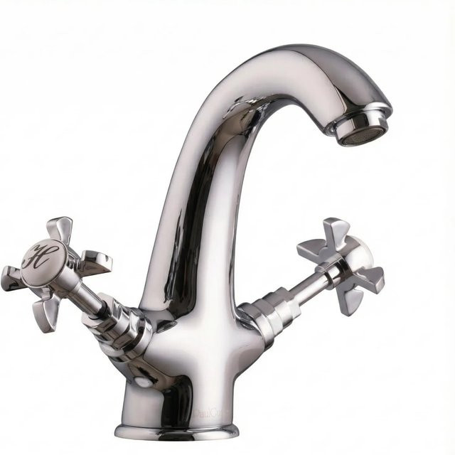 PaulGurkes Waschtischarmatur Retro im englischen Vintage-Stil aus Messing in Chrom Silber mit zwei Griffen - Bild 1