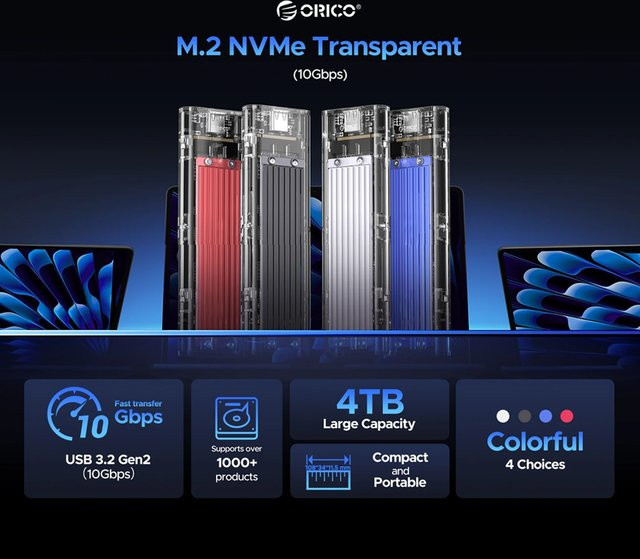 ORICO M.2 NVMe SSD-Gehäuse USB-C USB 3.2 Gen2 10Gbps PCIe Speicherbox in Transparent/Rot - Bild 1