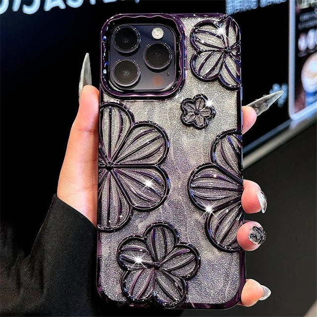Yiran Schutzhülle mit Glitzer-Blumen-Design und Farbverlauf für iPhone 16 Pro Max 15 14 13 12 11 inklusive Objektivschutz in Grau und Multicolour - Bild 1