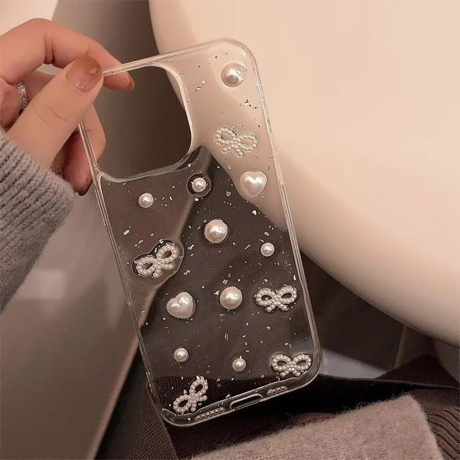 Luxus 3D Herz und Perlen Handyhülle mit Schleife für Apple iPhone 17 16 15 14 13 12 Pro Max, Transparent, Stoßfestes Softcover - Bild 3