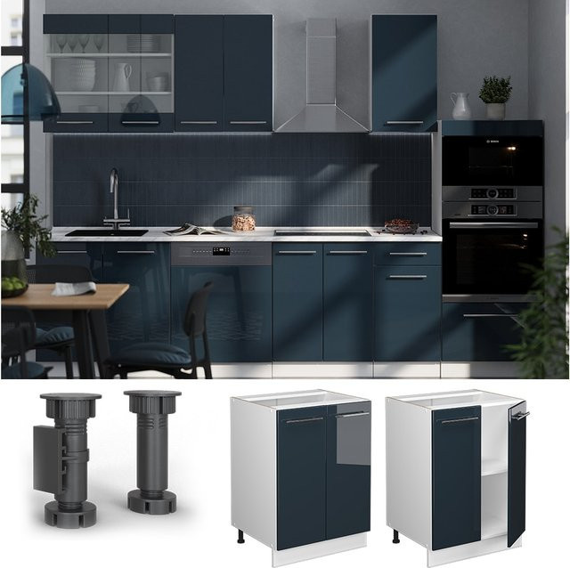 Vicco Küchenunterschrank Fame-Line Dunkelblau Hochglanz und Weiß mit Arbeitsplatte Eiche, Breite: 60 cm - Bild 3