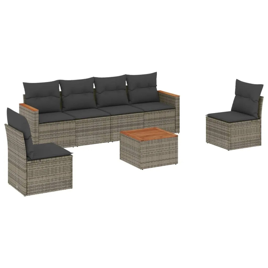 vidaXL 7-teilige Garten-Sofagarnitur aus Poly-Rattan in Grau mit Kissen und Akazienholz - Bild 2