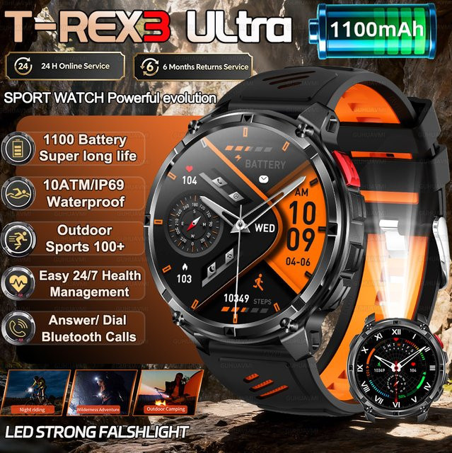 GUHUAVMI T-REX3 Smartwatch mit 1,7 Zoll AMOLED HD Display, GPS, Bluetooth Anruffunktion, 10ATM Wasserdichtigkeit und Taschenlampe, Farbe: Schwarz/Silber - Bild 1