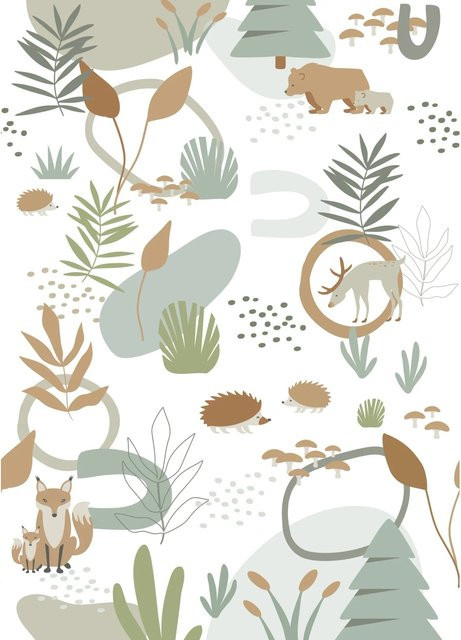 ESTAhome Fototapete Wald mit Waldtieren in Graugrün und Beige für Kinderzimmer und Babyzimmer, Breite: 200 cm, Höhe: 279 cm - Bild 1