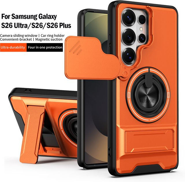 Magnetische Schutzhülle für Samsung Galaxy S26 Ultra und S26 Plus 5G mit Schiebe-Kameraschutz und Rückseitenabdeckung in Schwarz oder Orange - Bild 1