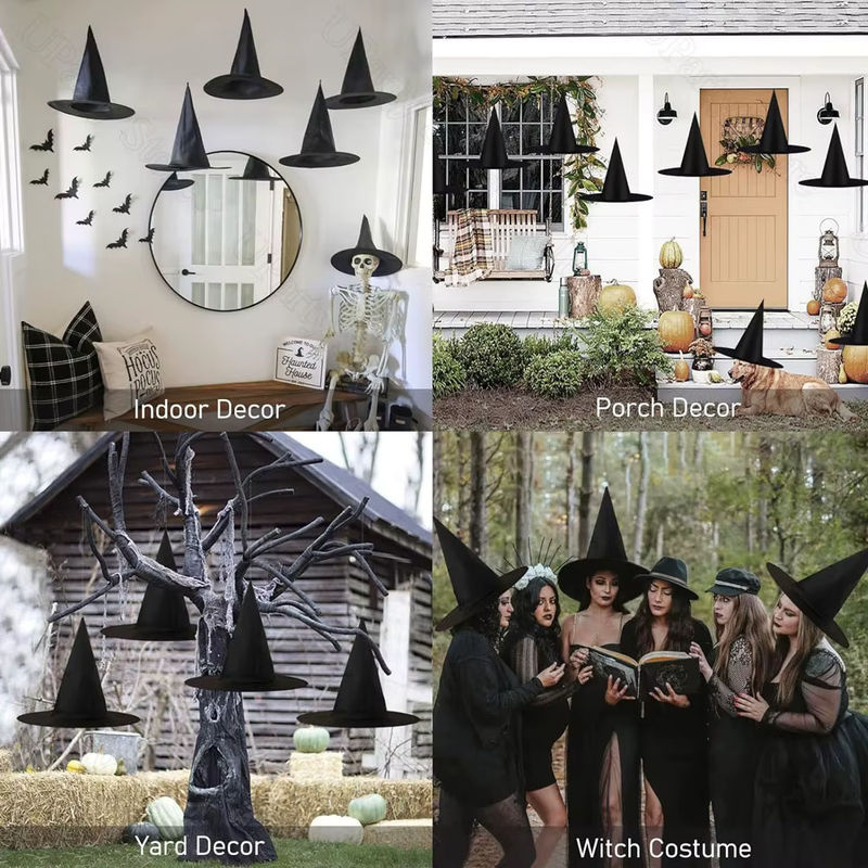 6er Set Halloween Hexenhüte aus MicroPlush in Schwarz mit Aufhängeschnur zur Dekoration - Bild 5